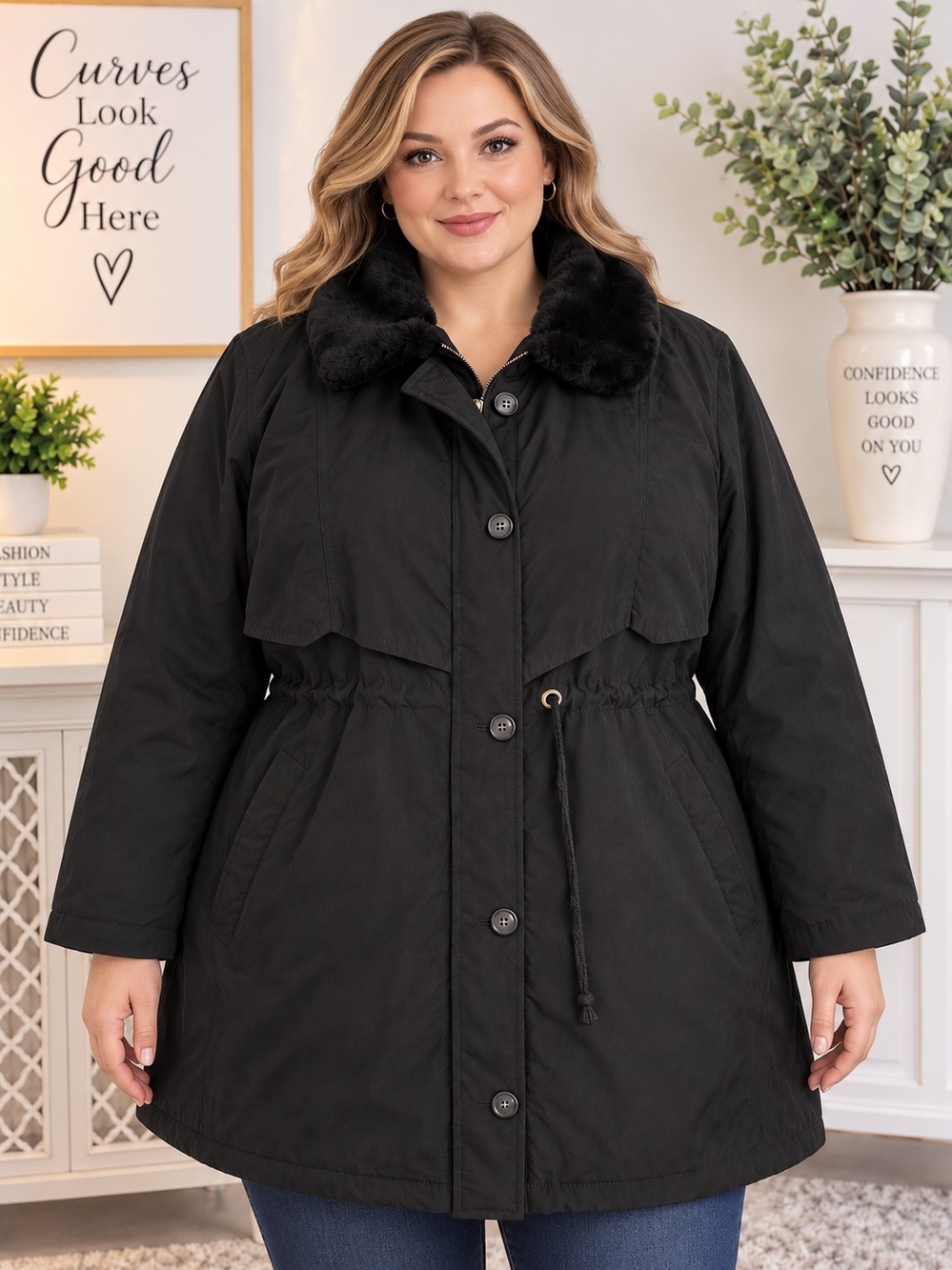 Black Plus-Size Faux-Fur Collar Parka Jacket